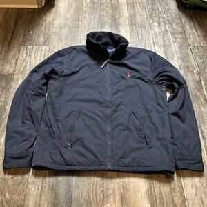 VTG Polo Ralph Lauren Men's Jacket M Navy Fleece Lined Full Zip Hidden Hood